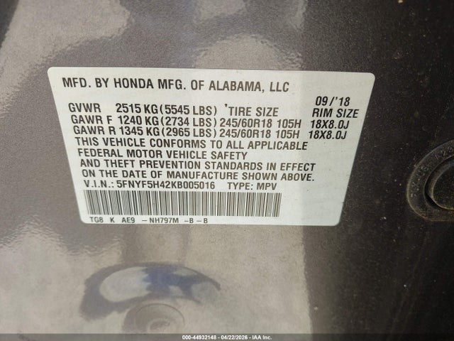 Продажа на аукционе авто 2019 Honda Pilot Ex-l, vin: 5FNYF5H42KB005016, номер лота: 44932148