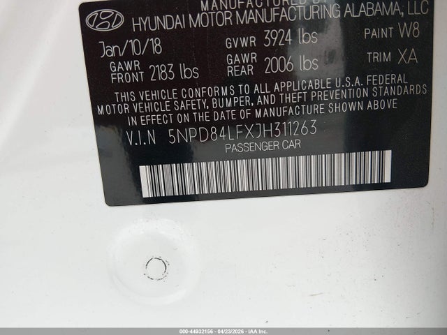 44932156 :رقم المزاد ، 5NPD84LFXJH311263 vin ، 2018 Hyundai Elantra Limited/sel/value Edition مزاد بيع