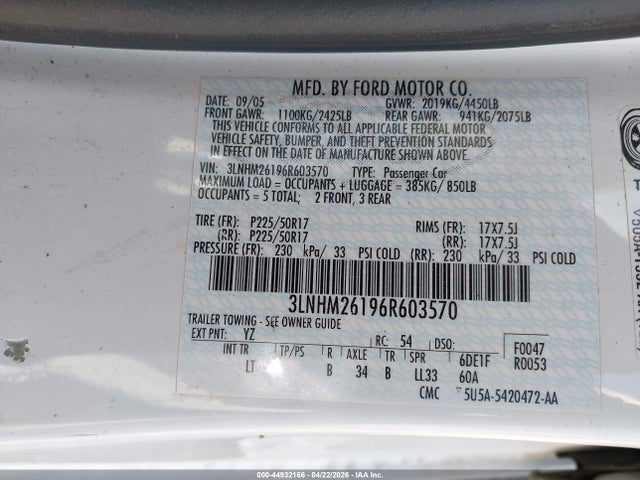 Aukcja sprzedaży 2006 Lincoln Zephyr, vin: 3LNHM26196R603570, numer aukcji: 44932166