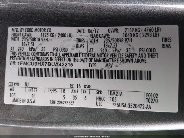 Aukcja sprzedaży 2013 Ford Escape Sel, vin: 1FMCU9HX7DUA42215, numer aukcji: 44932169