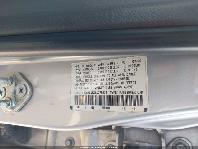 2006 Honda Accord 3.0 Ex მანქანა იყიდება აუქციონზე, vin: 1HGCM665X6A071928, აუქციონის ნომერი: 44932171