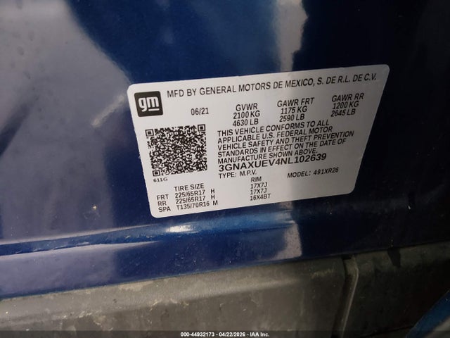 Aukcja sprzedaży 2022 Chevrolet Equinox Awd Lt, vin: 3GNAXUEV4NL102639, numer aukcji: 44932173