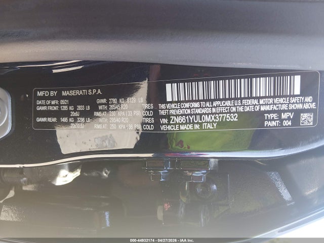 Aukcja sprzedaży 2021 Maserati Levante S Granlusso, vin: ZN661YUL0MX377532, numer aukcji: 44932174