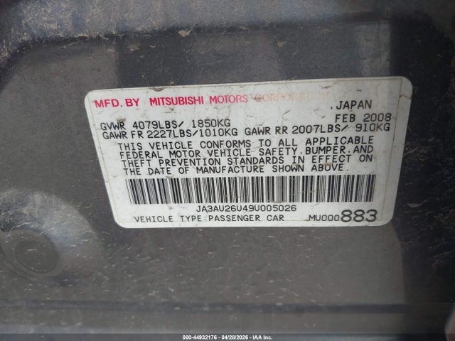 Продажа на аукционе авто 2009 Mitsubishi Lancer Es/es-sport, vin: JA3AU26U49U005026, номер лота: 44932176