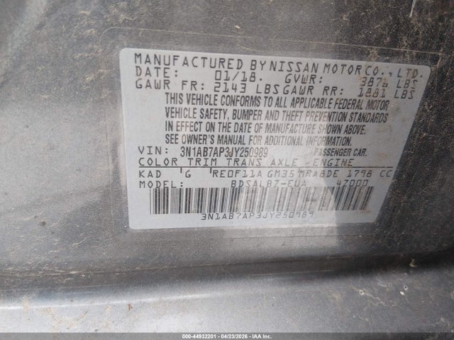 44932201 :رقم المزاد ، 3N1AB7AP3JY250989 vin ، 2018 Nissan Sentra S مزاد بيع
