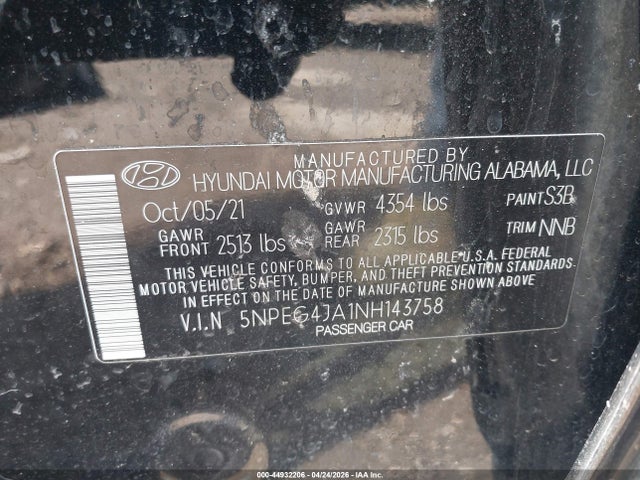 Auction sale of the 2022 Hyundai Sonata Se, vin: 5NPEG4JA1NH143758, lot number: 44932206