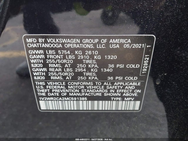 44932211 :رقم المزاد ، 1V2WR2CA2MC591385 vin ، 2021 Volkswagen Atlas 3.6l V6 Se W/technology مزاد بيع