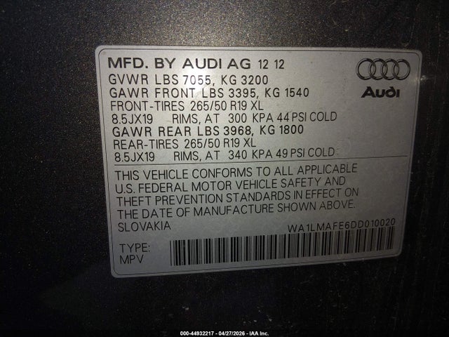 2013 Audi Q7 3.0 Tdi Premium მანქანა იყიდება აუქციონზე, vin: WA1LMAFE6DD010020, აუქციონის ნომერი: 44932217