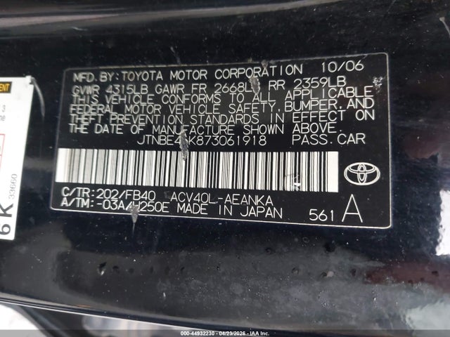 44932230 :رقم المزاد ، JTNBE46K873061918 vin ، 2007 Toyota Camry Le مزاد بيع