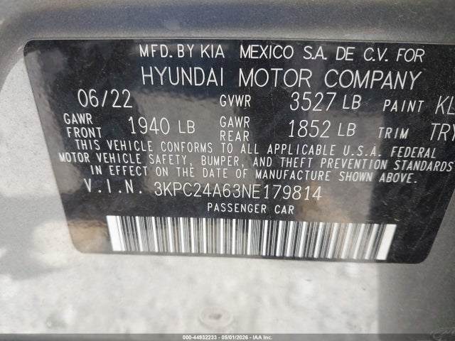 Aukcja sprzedaży 2022 Hyundai Accent Se, vin: 3KPC24A63NE179814, numer aukcji: 44932233