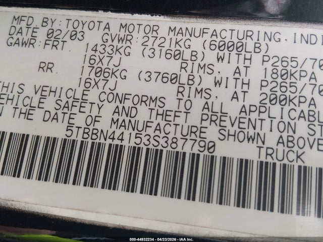2003 Toyota Tundra Sr5 მანქანა იყიდება აუქციონზე, vin: 5TBBN44153S387790, აუქციონის ნომერი: 44932234