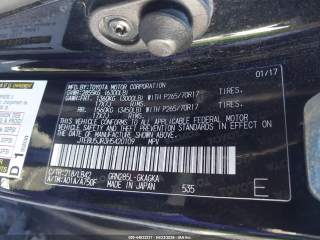 Продаж на аукціоні авто 2017 Toyota 4runner Sr5 Premium, vin: JTEBU5JR3H5420109, номер лоту: 44932237