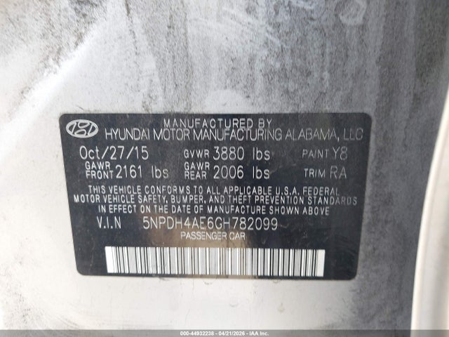 5NPDH4AE6GH782099 Hyundai ELANTRA SE