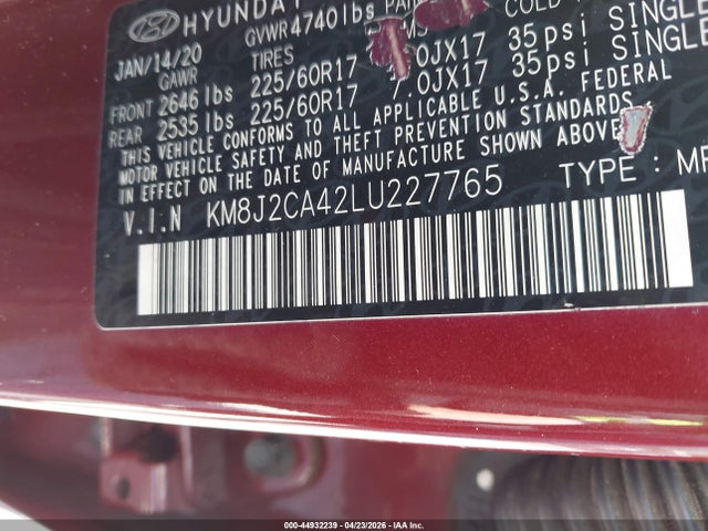 Продажа на аукционе авто 2020 Hyundai Tucson Se, vin: KM8J2CA42LU227765, номер лота: 44932239