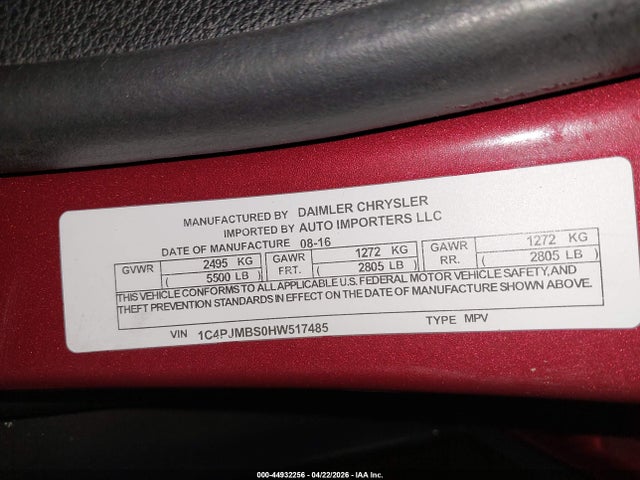 2017 Jeep Cherokee Trailhawk მანქანა იყიდება აუქციონზე, vin: 1C4PJMBS0HW517485, აუქციონის ნომერი: 44932256