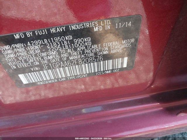 Aukcja sprzedaży 2015 Subaru Impreza 2.0i, vin: JF1GPAA62F8208576, numer aukcji: 44932262