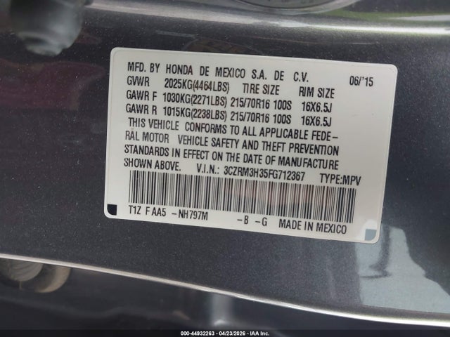 2015 Honda Cr-v Lx მანქანა იყიდება აუქციონზე, vin: 3CZRM3H35FG712367, აუქციონის ნომერი: 44932263