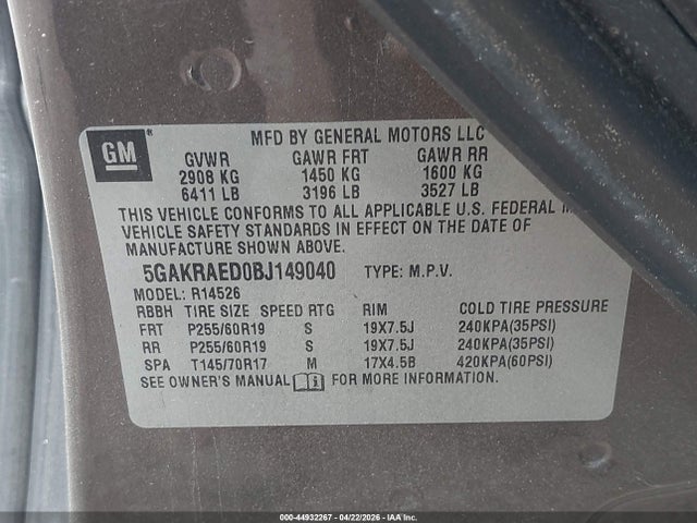 Aukcja sprzedaży 2011 Buick Enclave Cx, vin: 5GAKRAED0BJ149040, numer aukcji: 44932267