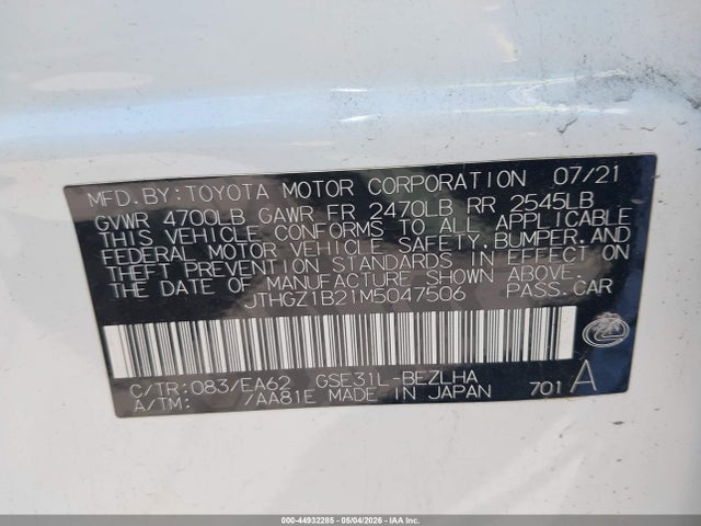 Продаж на аукціоні авто 2021 Lexus Is 350 F Sport, vin: JTHGZ1B21M5047506, номер лоту: 44932285