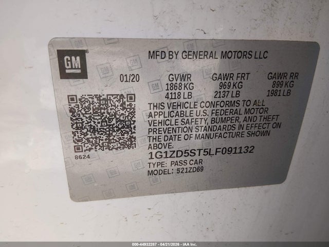 2020 Chevrolet Malibu Fwd Lt მანქანა იყიდება აუქციონზე, vin: 1G1ZD5ST5LF091132, აუქციონის ნომერი: 44932287