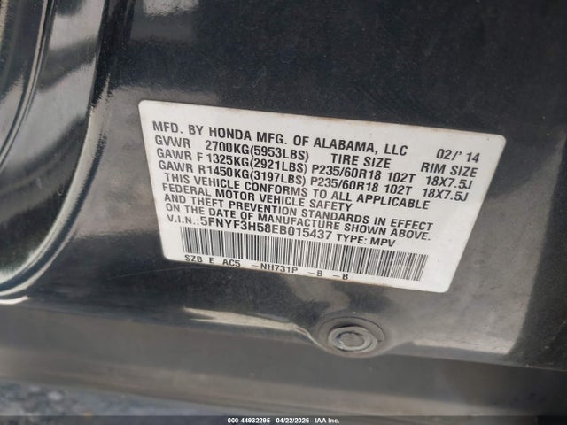44932295 :رقم المزاد ، 5FNYF3H58EB015437 vin ، 2014 Honda Pilot Ex-l مزاد بيع