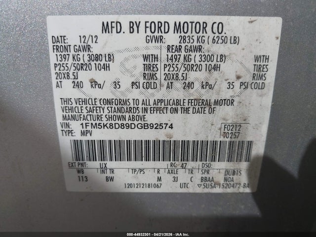 Продажа на аукционе авто 2013 Ford Explorer Xlt, vin: 1FM5K8D89DGB92574, номер лота: 44932301