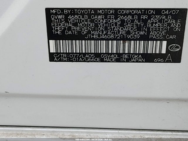 Aukcja sprzedaży 2007 Lexus Es 350, vin: JTHBJ46G872119039, numer aukcji: 44932304