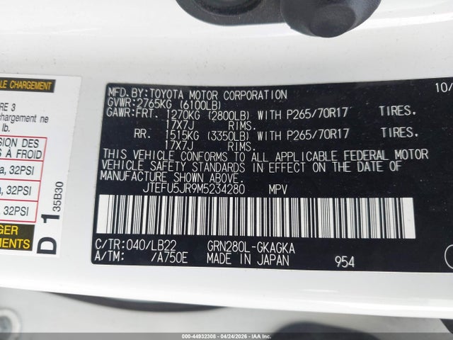 Aukcja sprzedaży 2021 Toyota 4runner Sr5 Premium, vin: JTEFU5JR9M5234280, numer aukcji: 44932308