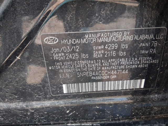 Продаж на аукціоні авто 2012 Hyundai Sonata Gls, vin: 5NPEB4AC0CH447144, номер лоту: 44932311