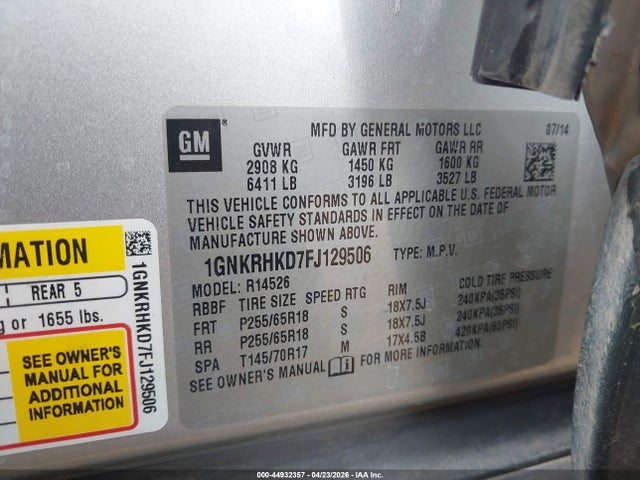 Chevrolet Traverse 2lt 2015 1GNKRHKD7FJ129506 Image 9