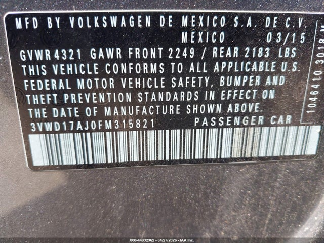 3VWD17AJ0FM315821 Volkswagen Jetta 1.8t Se