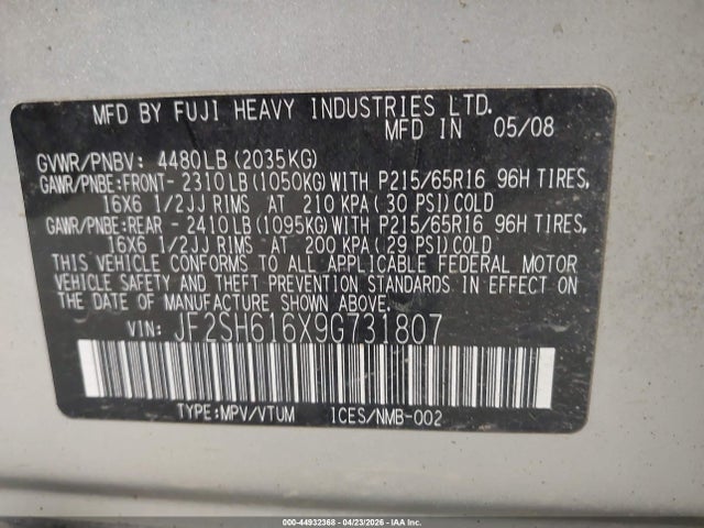 Aukcja sprzedaży 2009 Subaru Forester 2.5x, vin: JF2SH616X9G731807, numer aukcji: 44932368