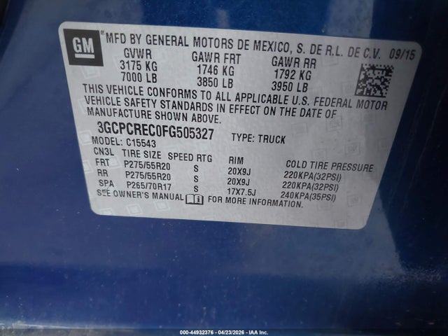3GCPCREC0FG505327 Chevrolet Silverado 1500 1lt