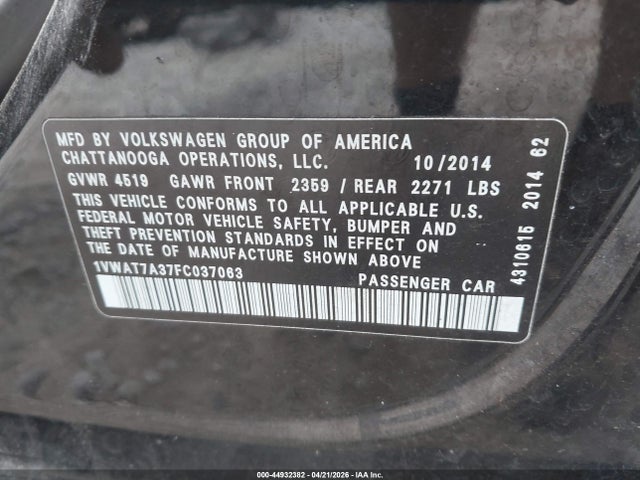 2015 Volkswagen Passat 1.8t S მანქანა იყიდება აუქციონზე, vin: 1VWAT7A37FC037063, აუქციონის ნომერი: 44932382