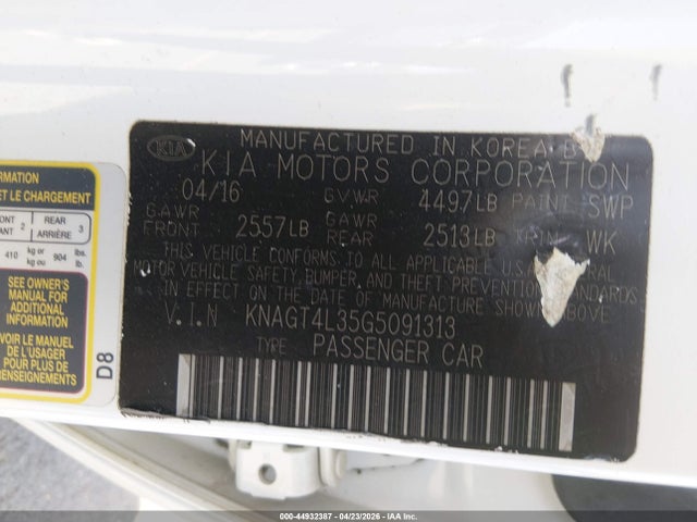 44932387 :رقم المزاد ، KNAGT4L35G5091313 vin ، 2016 Kia Optima Lx مزاد بيع