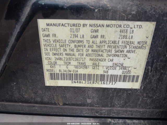 2007 Nissan Altima 3.5 Se მანქანა იყიდება აუქციონზე, vin: 1N4BL21E87C161717, აუქციონის ნომერი: 44932388
