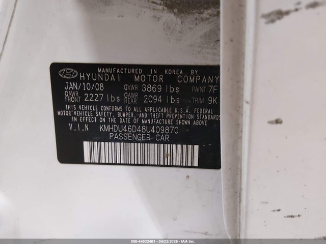 Продаж на аукціоні авто 2008 Hyundai Elantra Gls/se, vin: KMHDU46D48U409870, номер лоту: 44932401