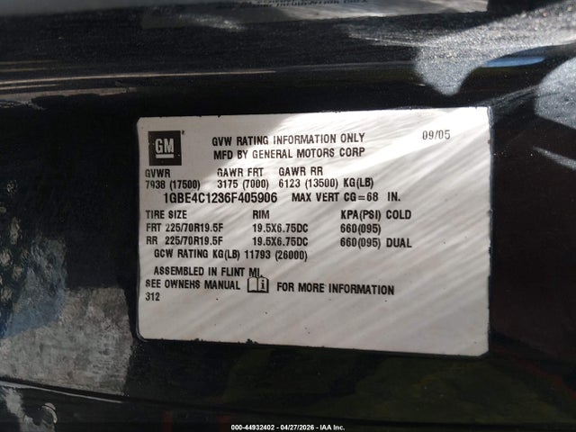 Aukcja sprzedaży 2006 Chevrolet Cc4500, vin: 1GBE4C1236F405906, numer aukcji: 44932402