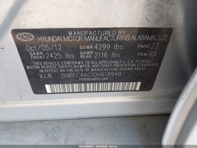 44932417 :رقم المزاد ، 5NPEC4AC1DH618949 vin ، 2013 Hyundai Sonata Limited مزاد بيع