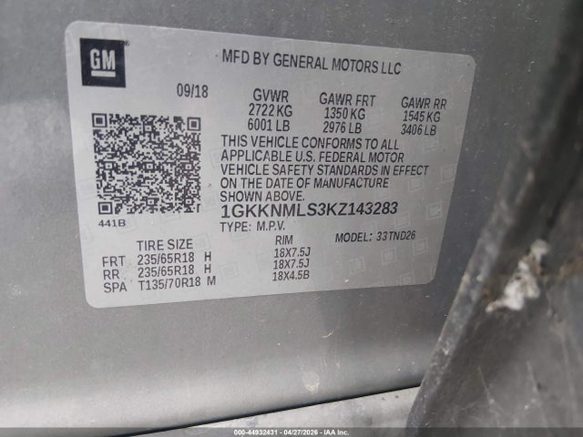 44932431 :رقم المزاد ، 1GKKNMLS3KZ143283 vin ، 2019 Gmc Acadia Slt-1 مزاد بيع