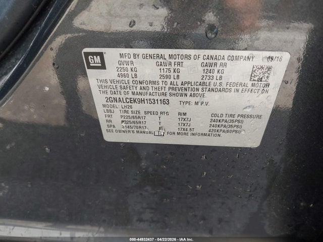 Aukcja sprzedaży 2017 Chevrolet Equinox Lt, vin: 2GNALCEK9H1531163, numer aukcji: 44932437