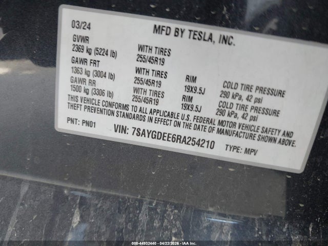 7SAYGDEE6RA254210 Tesla Model Y Long Range Dual Motor All-wheel Drive