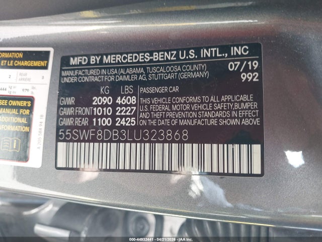 Aukcja sprzedaży 2020 Mercedes-benz C 300, vin: 55SWF8DB3LU323868, numer aukcji: 44932441