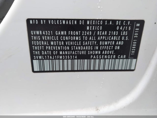 Aukcja sprzedaży 2015 Volkswagen Jetta 1.8t Sel, vin: 3VWL17AJ1FM335314, numer aukcji: 44932445