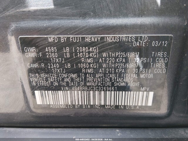2012 Subaru Outback 2.5i Limited მანქანა იყიდება აუქციონზე, vin: 4S4BRBJC3C3269661, აუქციონის ნომერი: 44932452