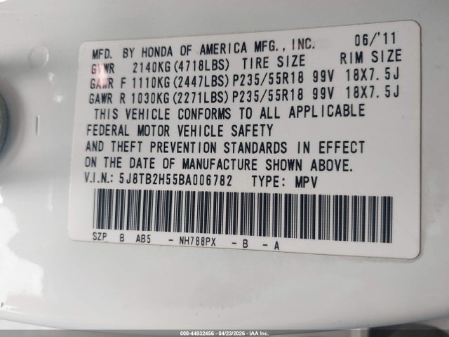 44932456 :رقم المزاد ، 5J8TB2H55BA006782 vin ، 2011 Acura Rdx Tech Pkg مزاد بيع