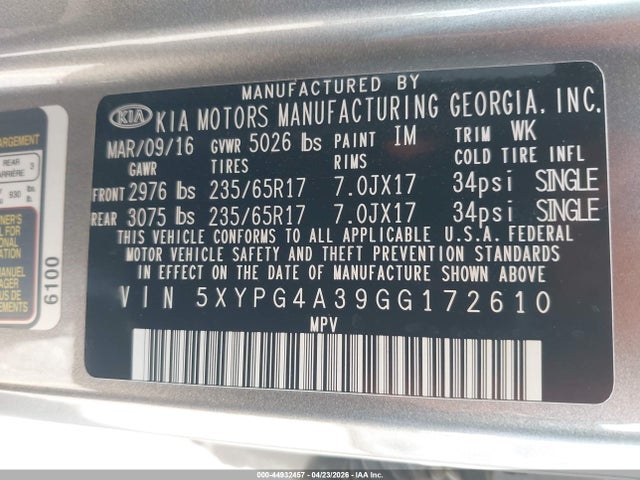 5XYPG4A39GG172610 KIA Sorento 2.4l L