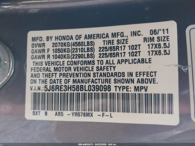 44932473 :رقم المزاد ، 5J6RE3H58BL039098 vin ، 2011 Honda Cr-v Ex مزاد بيع