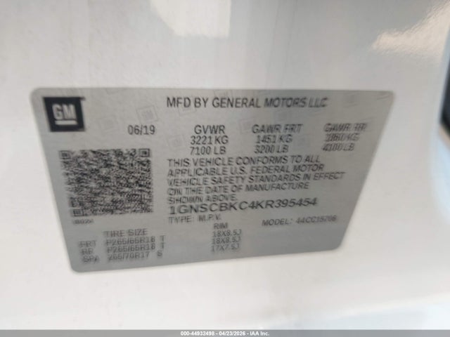 2019 Chevrolet Tahoe Lt მანქანა იყიდება აუქციონზე, vin: 1GNSCBKC4KR395454, აუქციონის ნომერი: 44932498