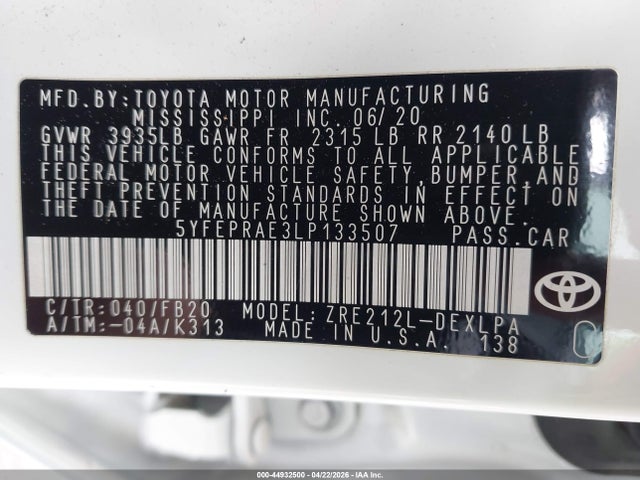 5YFEPRAE3LP133507 Toyota COROLLA LE
